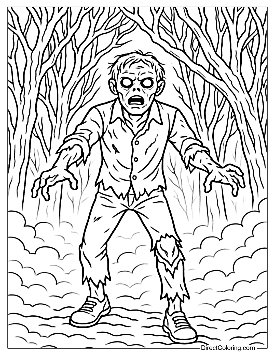 A zombie coloring page that comes out of the haunted forest, the fog is thick, and its eyes are glowing dimly.