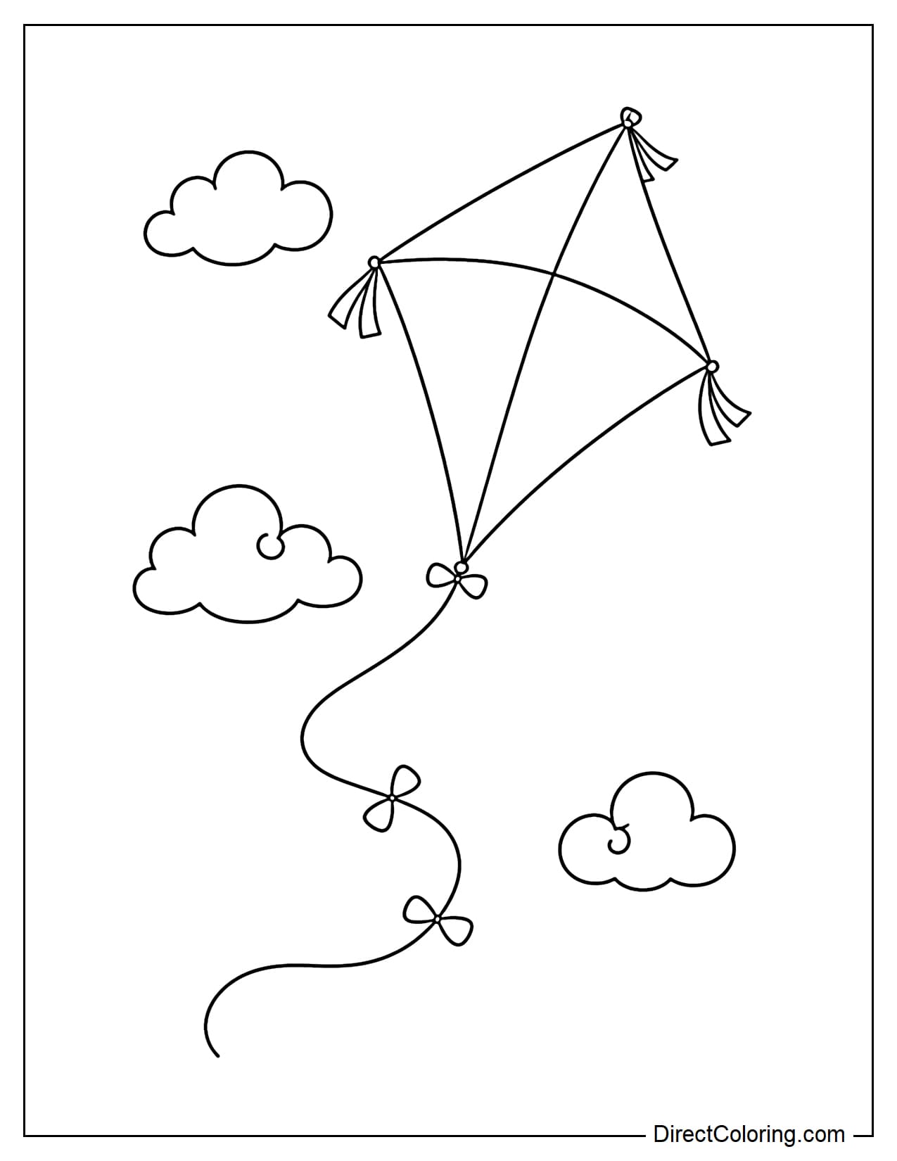 A large kite flying in the June sky with a gently curved string and a few small clouds.