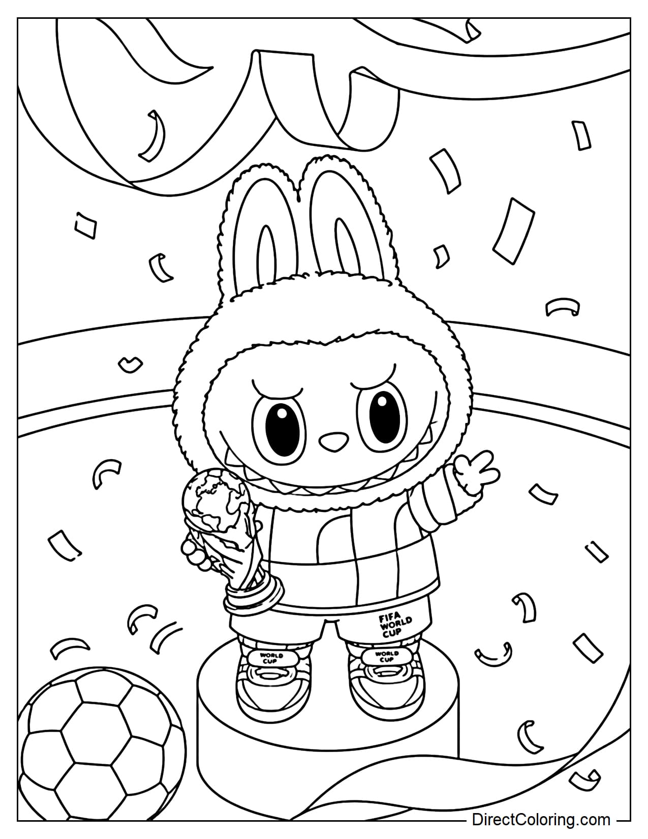 Cute Labubu is wearing a jersey, standing on the winner's podium holding up the FIFA World Cup trophy. Ribbons and confetti are scattered around him, and a soccer ball lies near his feet.