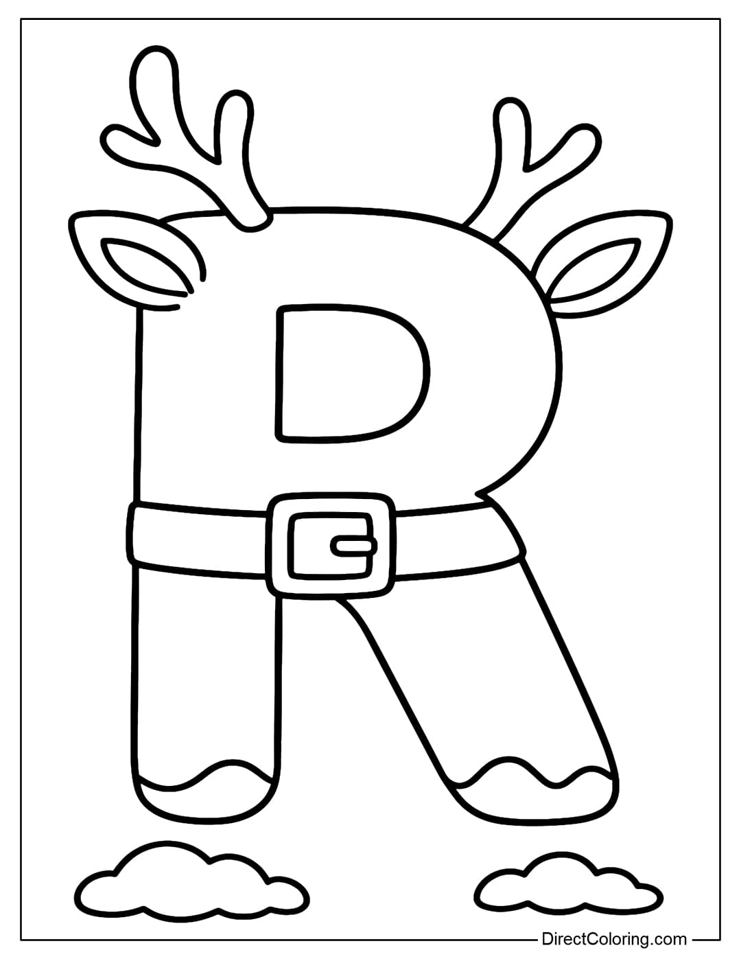 Coloring page Letter R Christmas turns into a reindeer, the head of the letter has horns and ears, the middle of the letter is Santa's belt, the foot of the letter is covered with snow