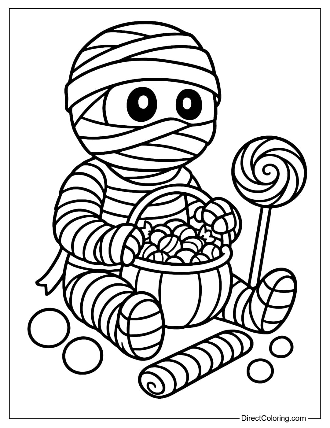 Coloring page of a mummy holding a basket full of candy, sitting next to round candies and twisted candy sticks.