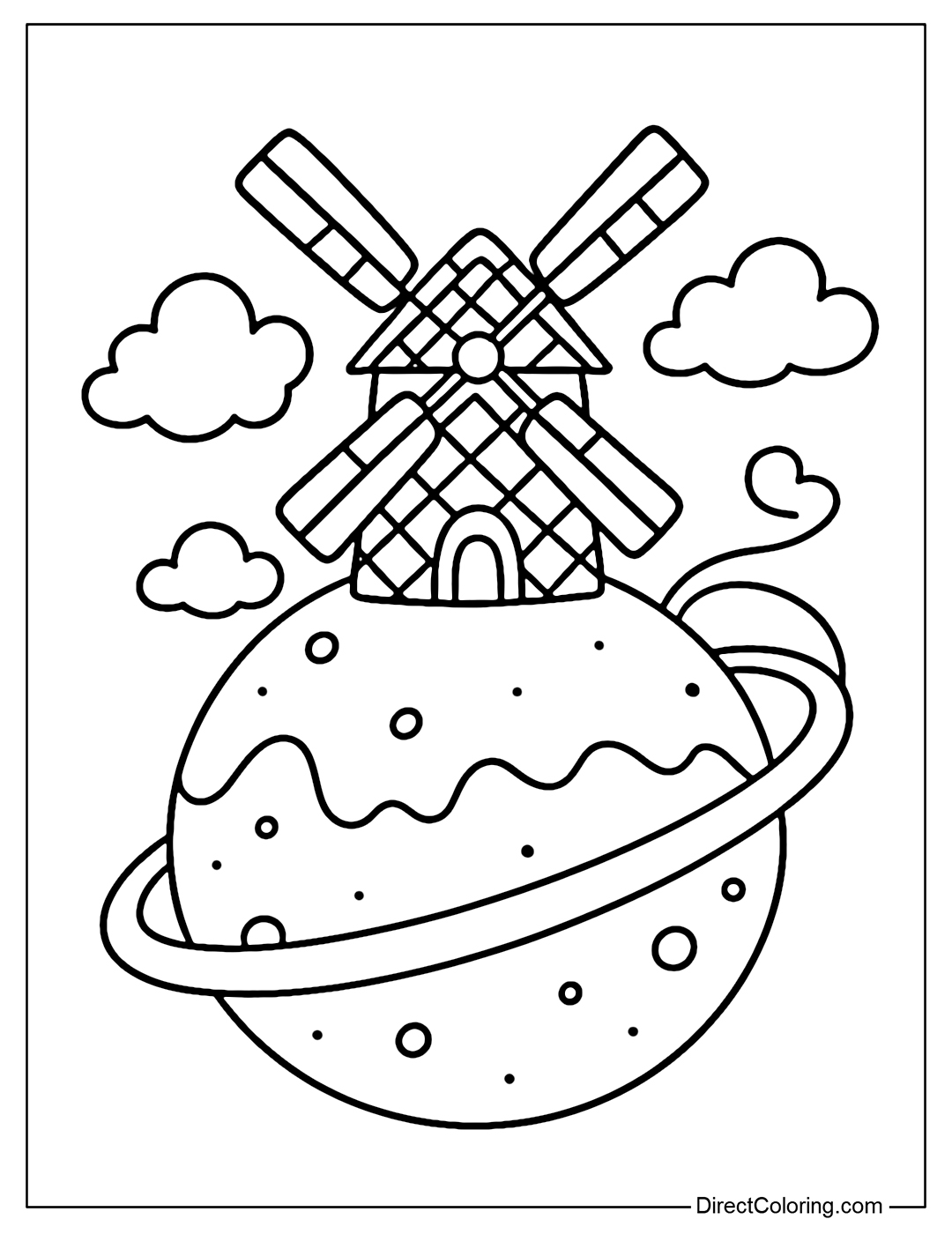 Sweet countryside planet coloring page, the waffle windmill rotates continuously, the wind rolls the sugar powder into a flying belt. Cotton candy clouds gently drift outside.
