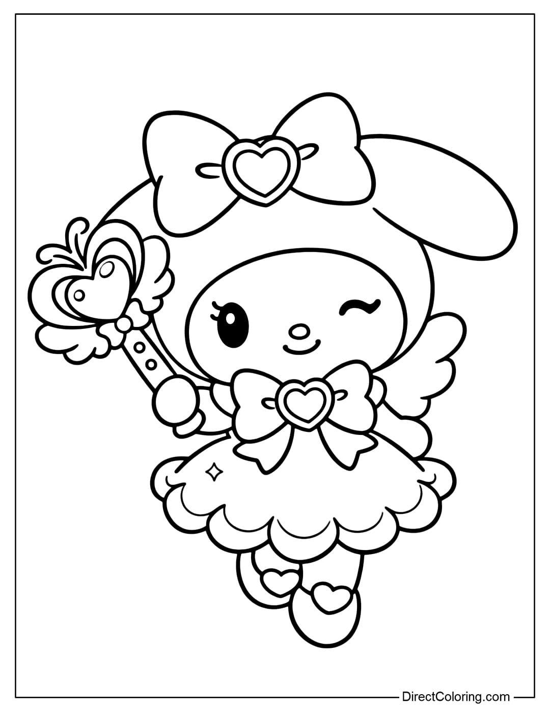 A cute My Melody angel coloring page with little wings, a flared dress, and a heart-shaped magic wand.