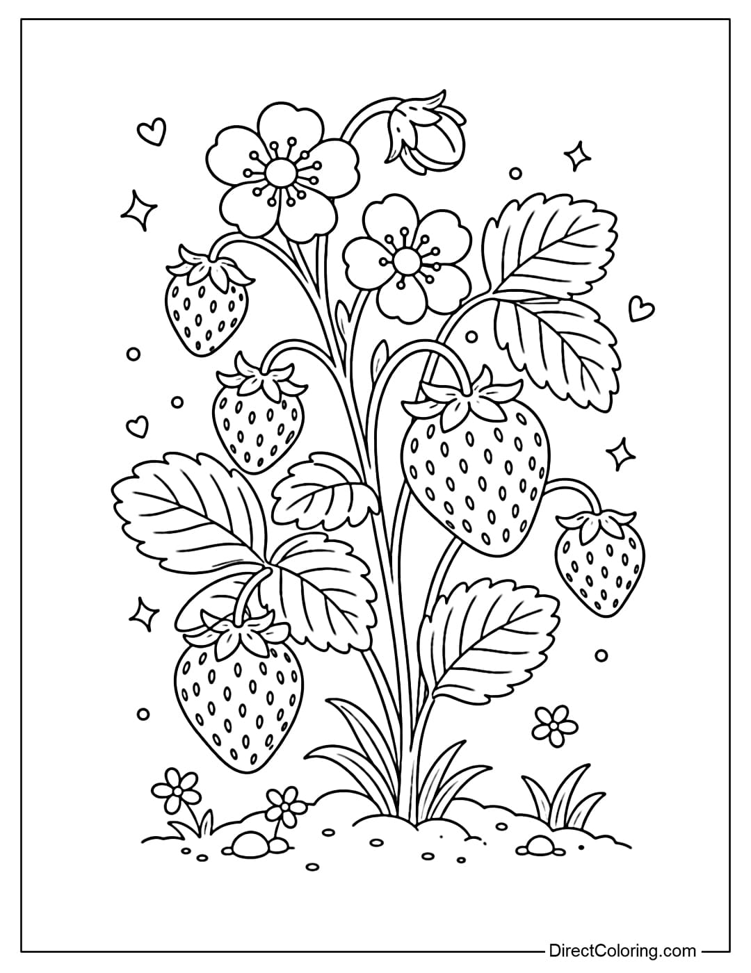 A coloring page of a strawberry tree with flowers, leaves, and fruit all appearing together.