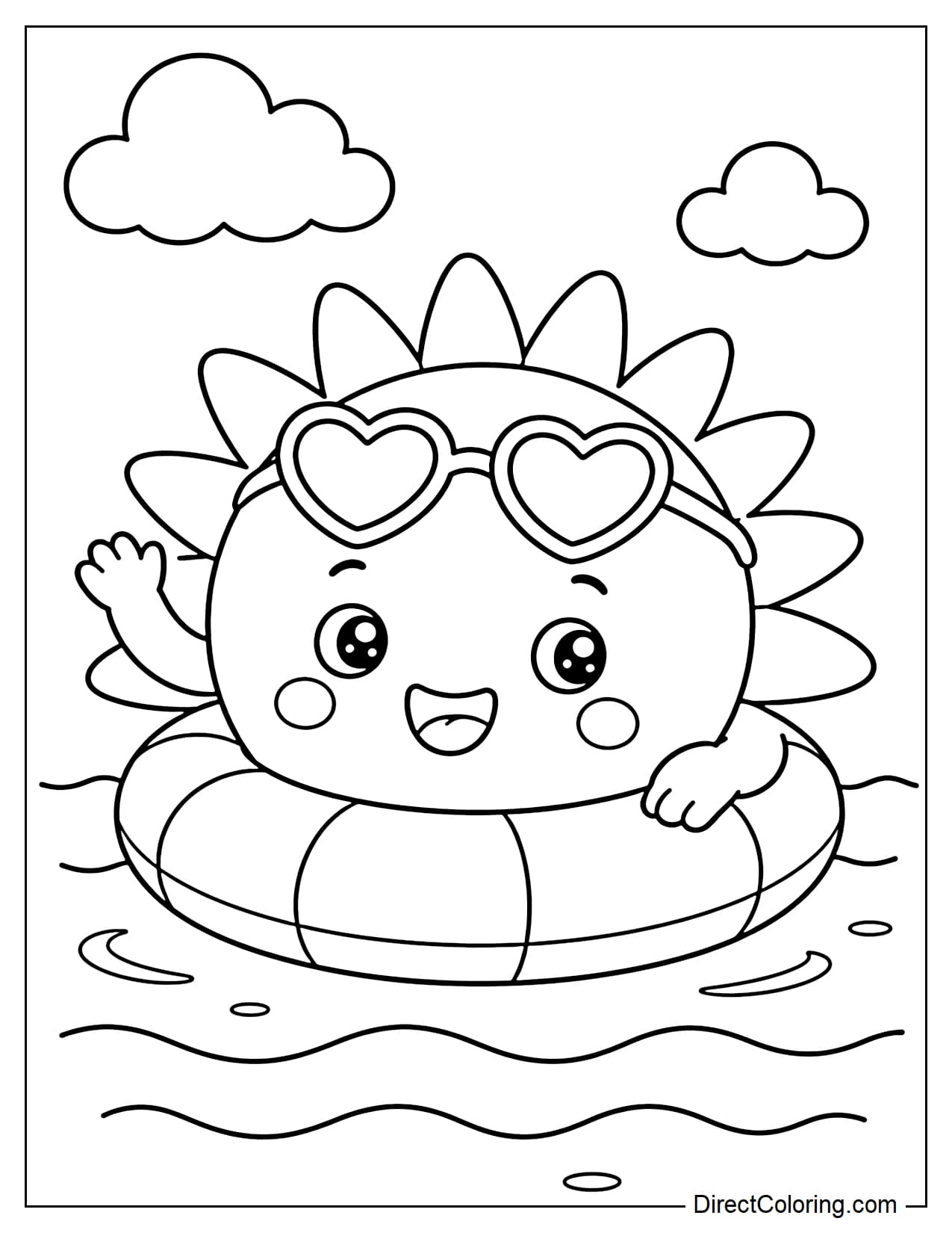 A playful sun floating on a round swimming tube in the water.