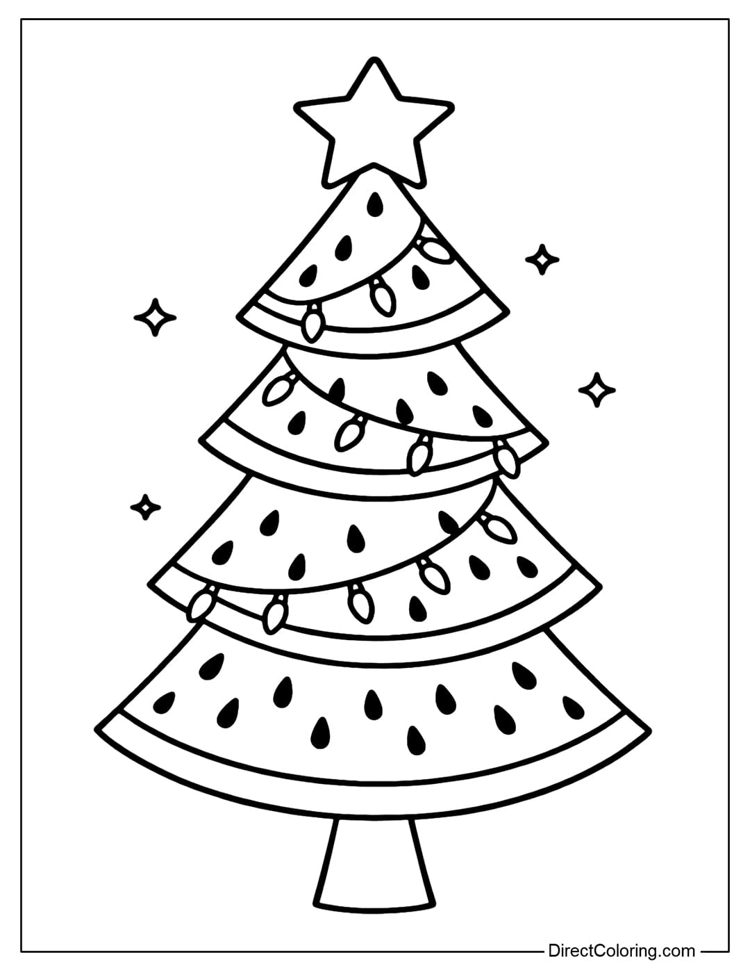 A pine tree coloring page made from slices of red watermelon, interspersed with Christmas lights and a golden star on top.