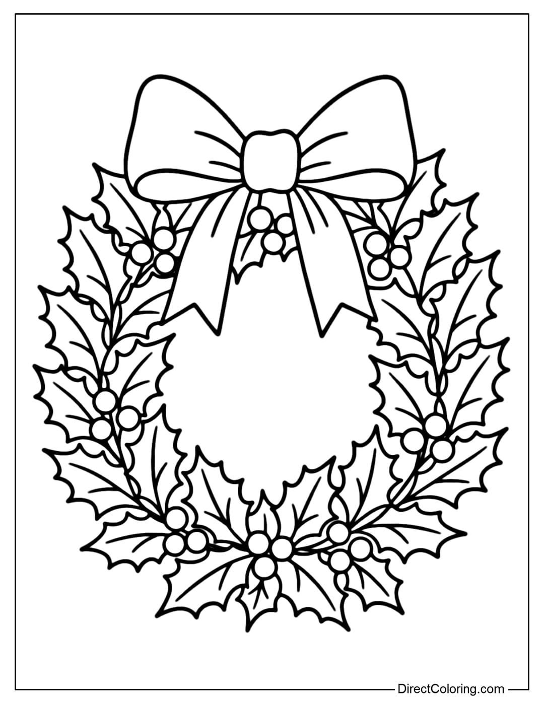Christmas Holly Wreath Coloring Page A traditional Christmas wreath coloring page with pointed leaves, red berries, and a big bow.