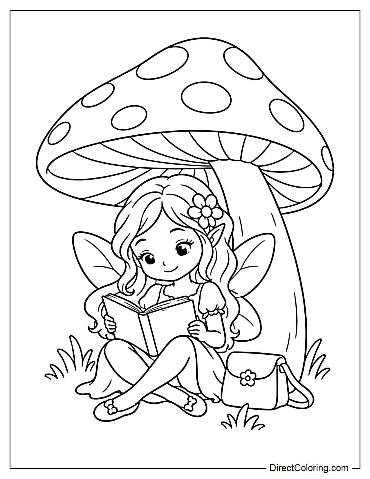 A fairy is sitting and reading a book beneath a large mushroom that acts like an umbrella, with a small bag beside her.