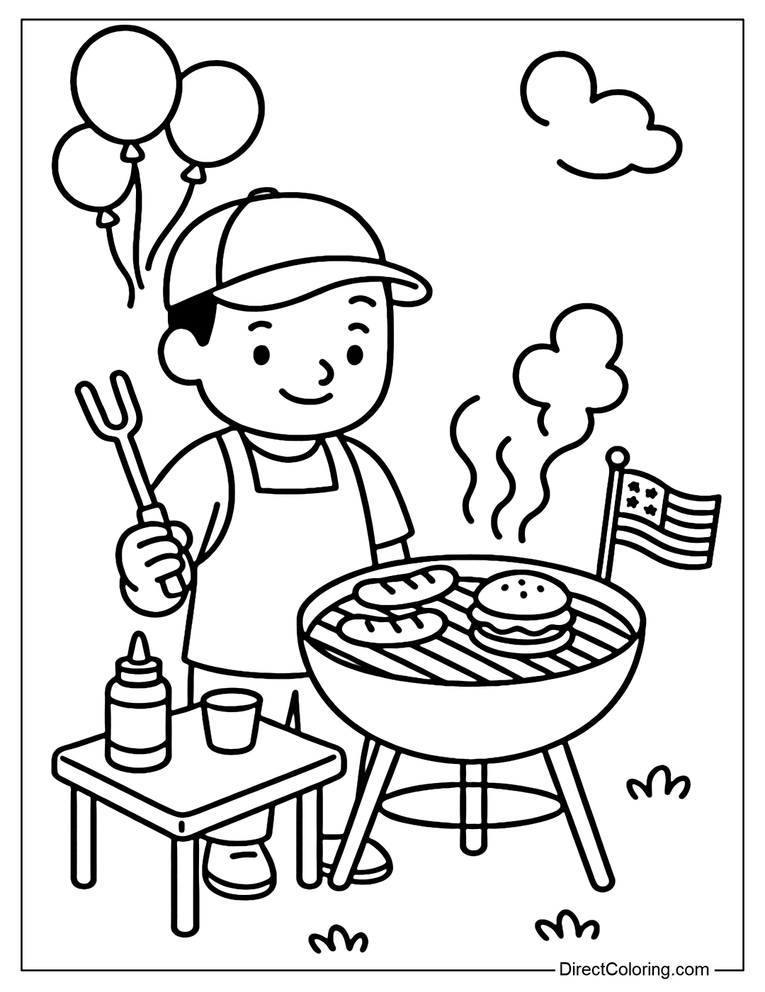 Coloring page of a BBQ grill with hot dogs, hamburgers, someone laughing happily by the charcoal stove.