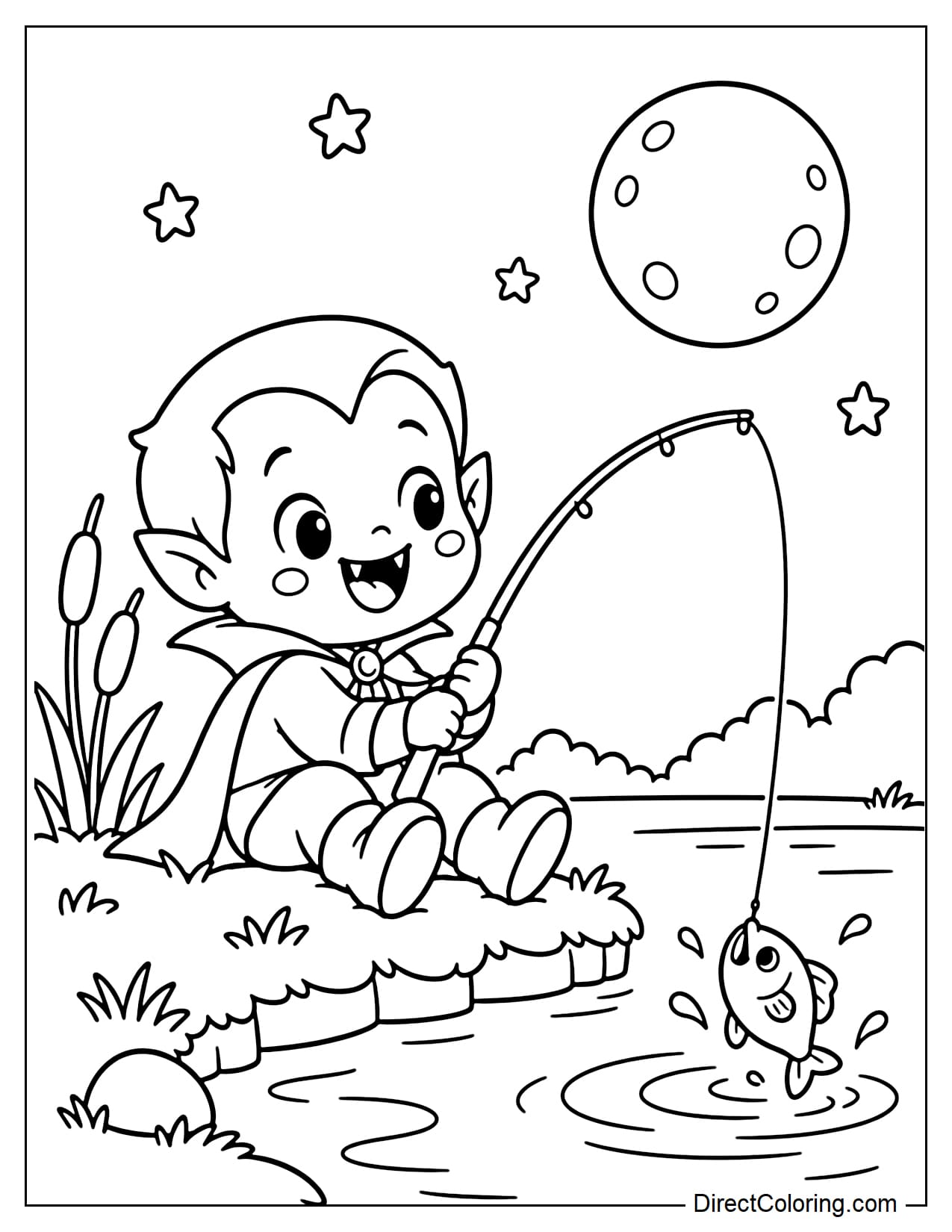 A vampire is sitting by a small pond fishing under the moonlight, with the fishing rod gently bent, a few ripples on the water, and a small fish popping up playfully.