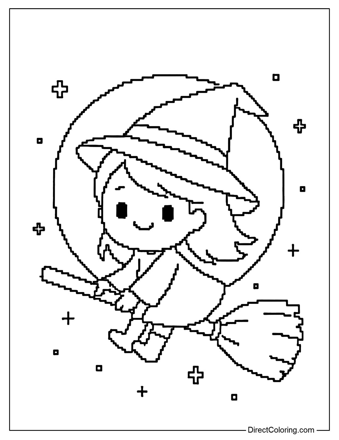 A little witch coloring page in pixel style, wearing a pointed hat, riding a broom flying in the night sky.