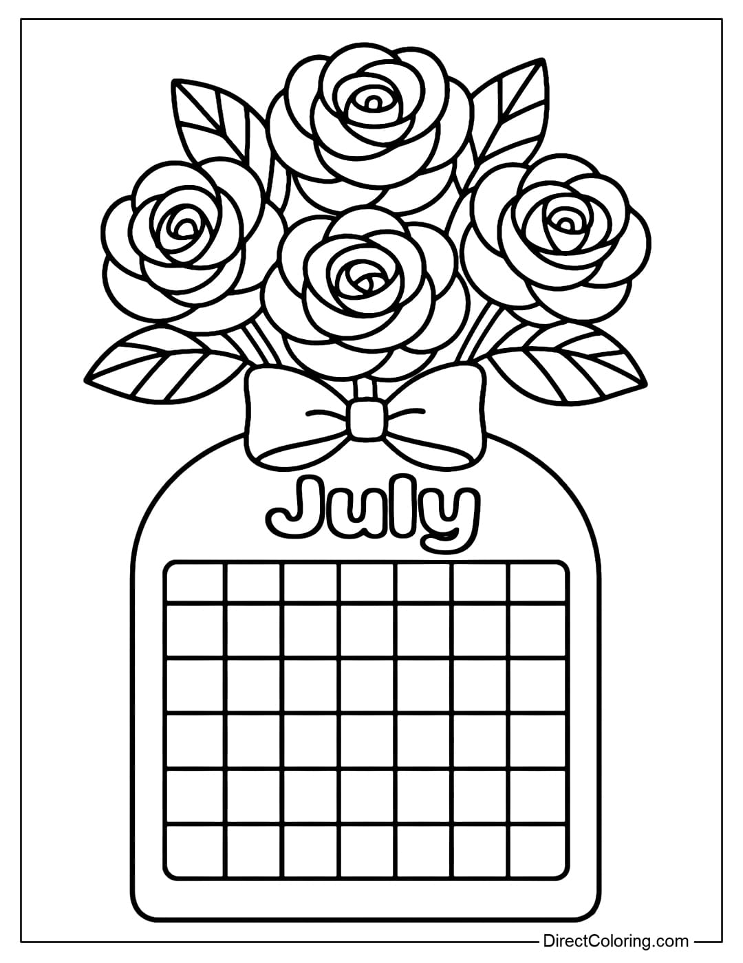 July calendar coloring page features a rounded calendar frame at the bottom and a large bouquet of roses at the top.