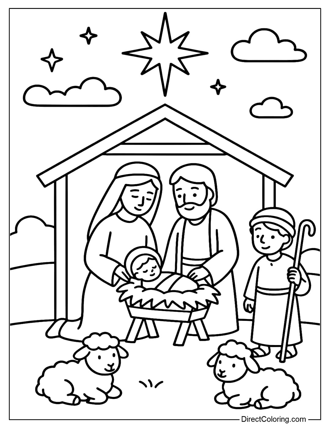 Coloring page of shepherds visiting the nativity scene: Holy Family in the center with manger, a young shepherd standing far right holding a staff and smiling, 2 lambs sitting in the foreground.