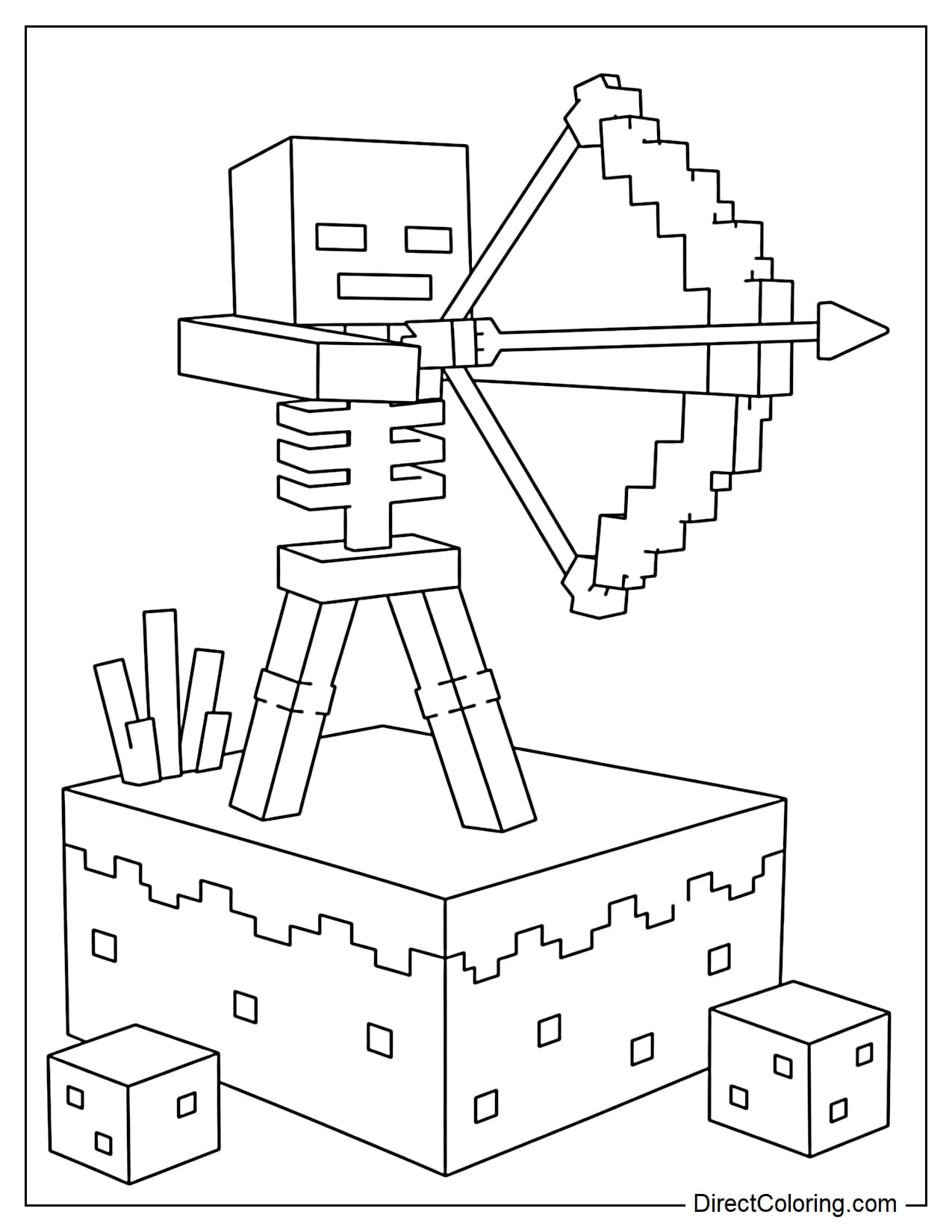 A Minecraft skeleton stands on blocky ground holding a bow, with a few square rocks and a small patch of grass nearby.