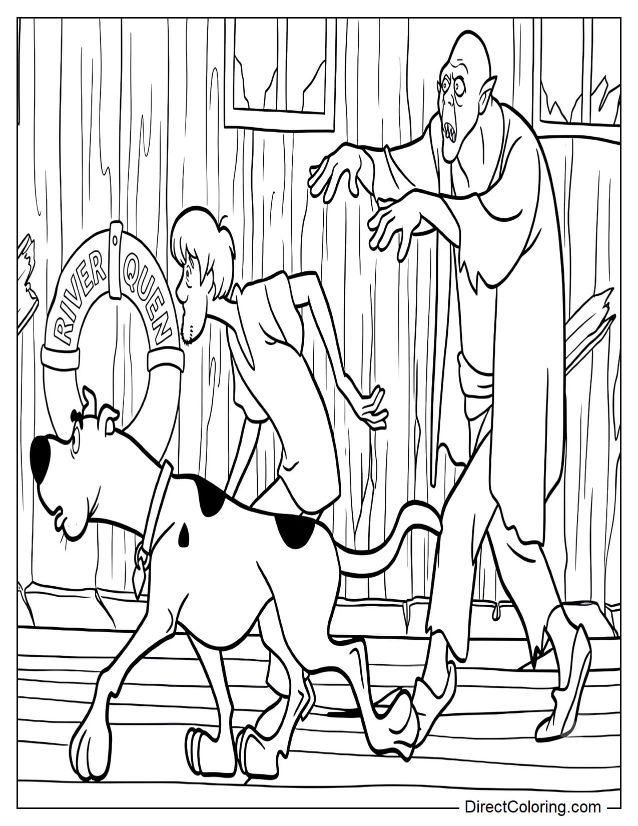 Scooby-Doo and Shaggy are running away inside an old wooden house while a tall creepy monster appears behind them and reaches out to chase them.