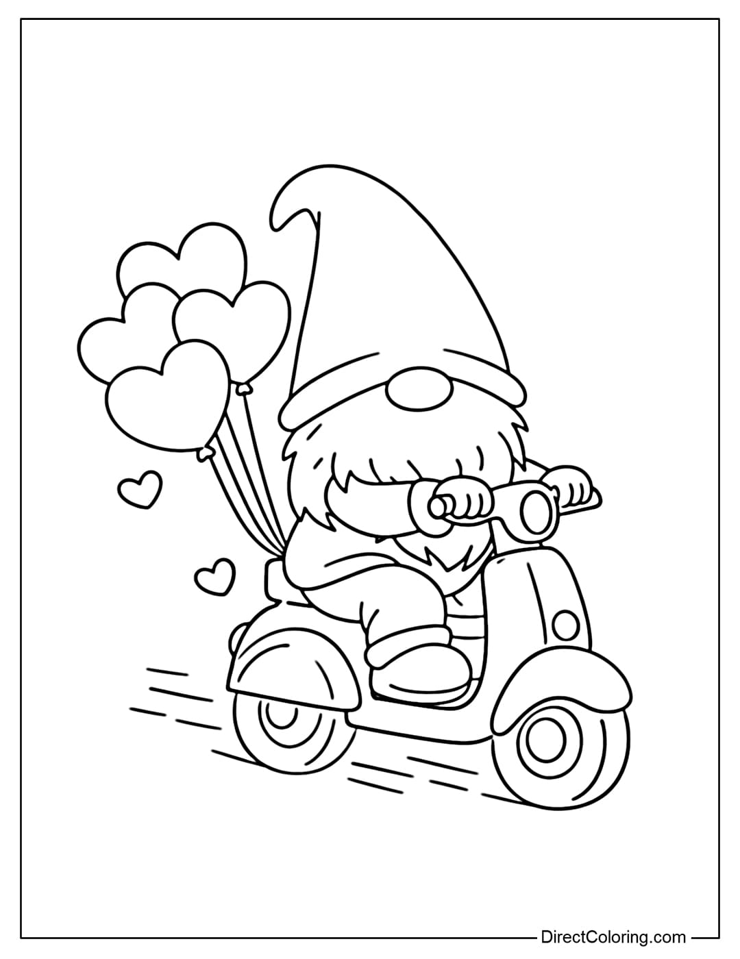 A coloring page featuring a gnome riding a small scooter, with a cluster of heart-shaped balloons behind it.