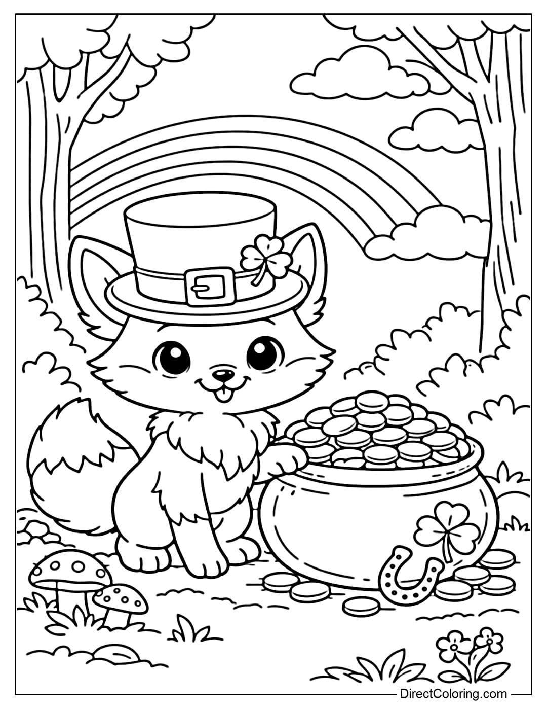 A cute little fox coloring page wearing a Leprechaun hat, with a fluffy tail, standing next to treasure in the forest.