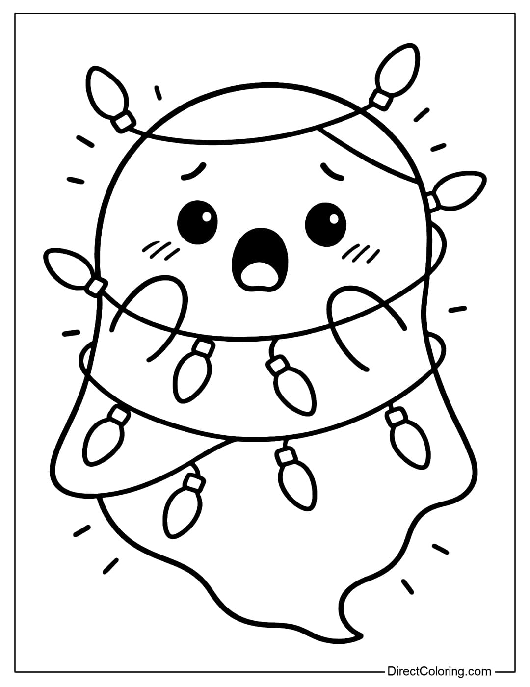 A little ghost coloring page wrapped in Christmas lights, a funny face that is both frightened and happy, lights surrounding a lovely round body.