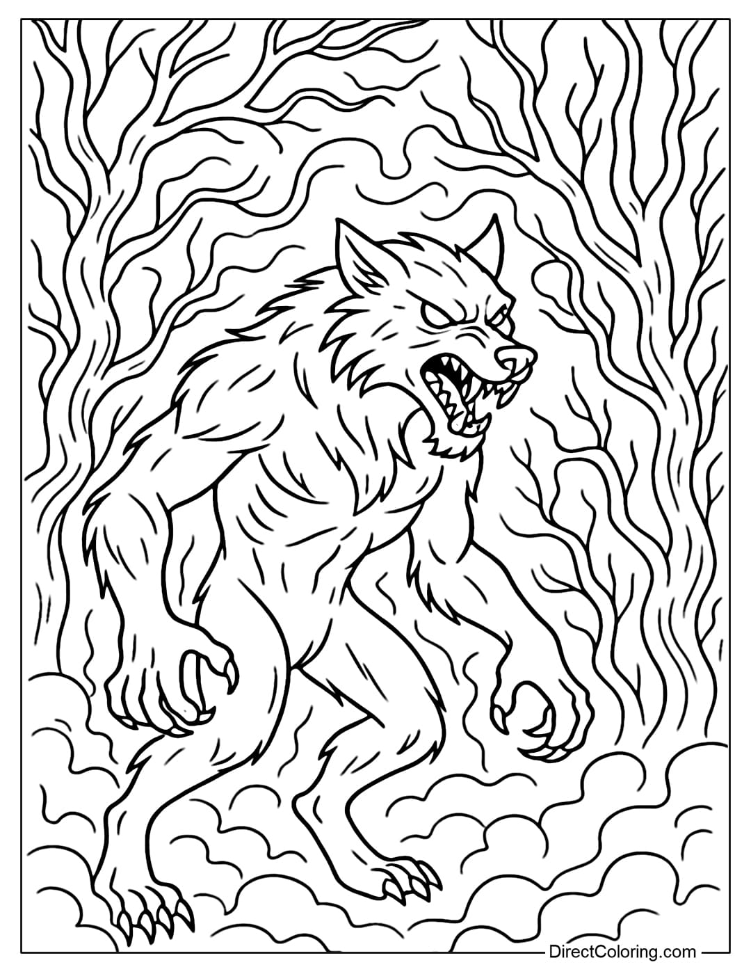 A werewolf coloring page wandering in the spooky forest, twisted trees, dense fog, fiery eyes.