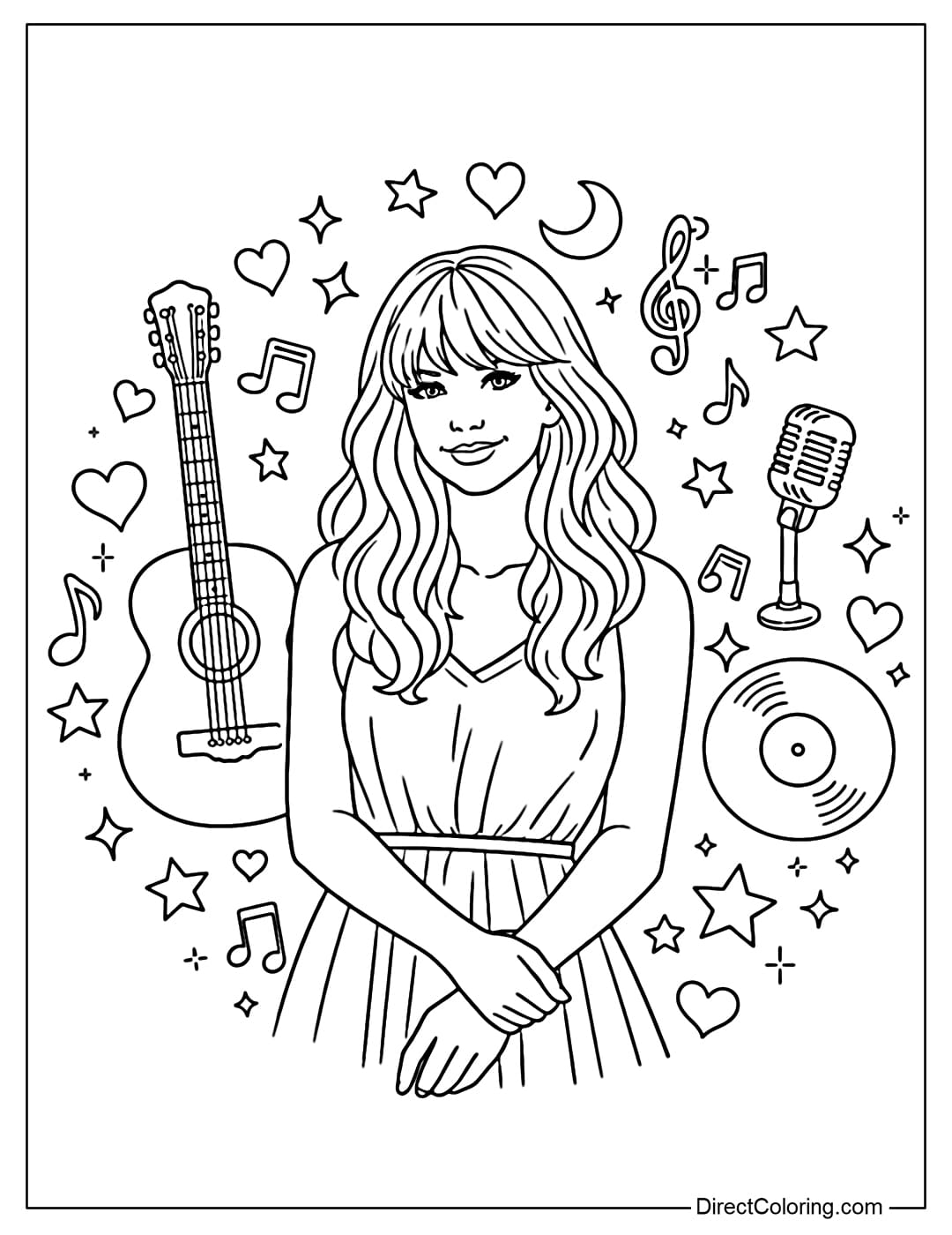 A coloring page featuring Taylor Swift standing in the center, surrounded by musical symbols such as a guitar, hearts, stars, and moonlight.
