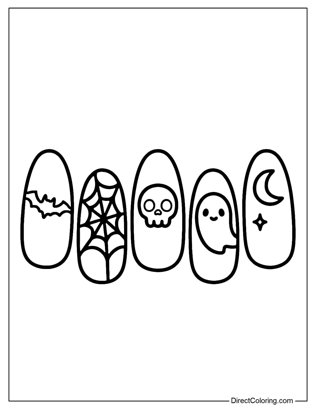 Coloring page for a Halloween nail set with a bat, spider web, skull and crescent moon motif.