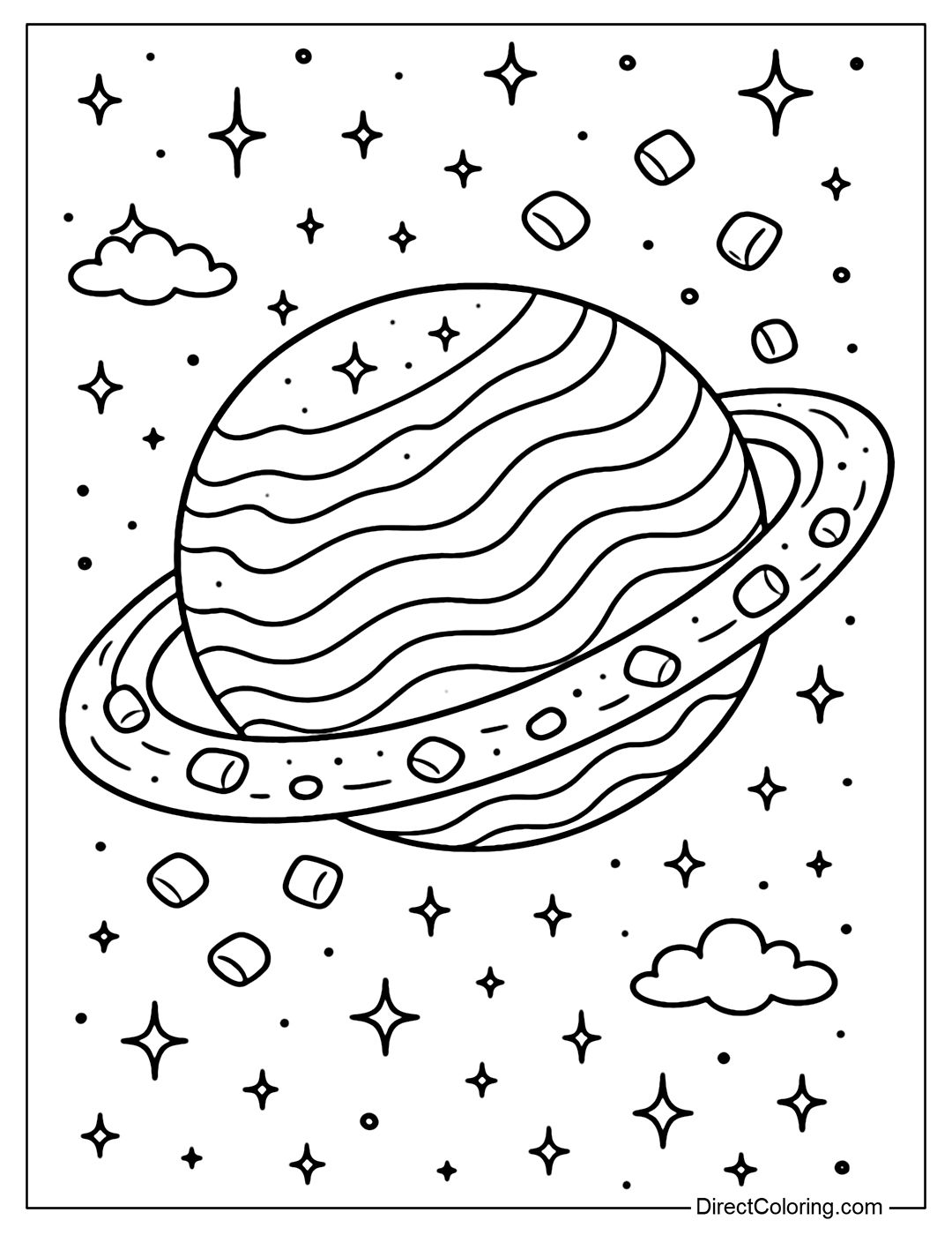 Colorful sherbet planet coloring page, glowing softly in the starry sky. The belt is a smooth sherbet strip with small marshmallows floating.