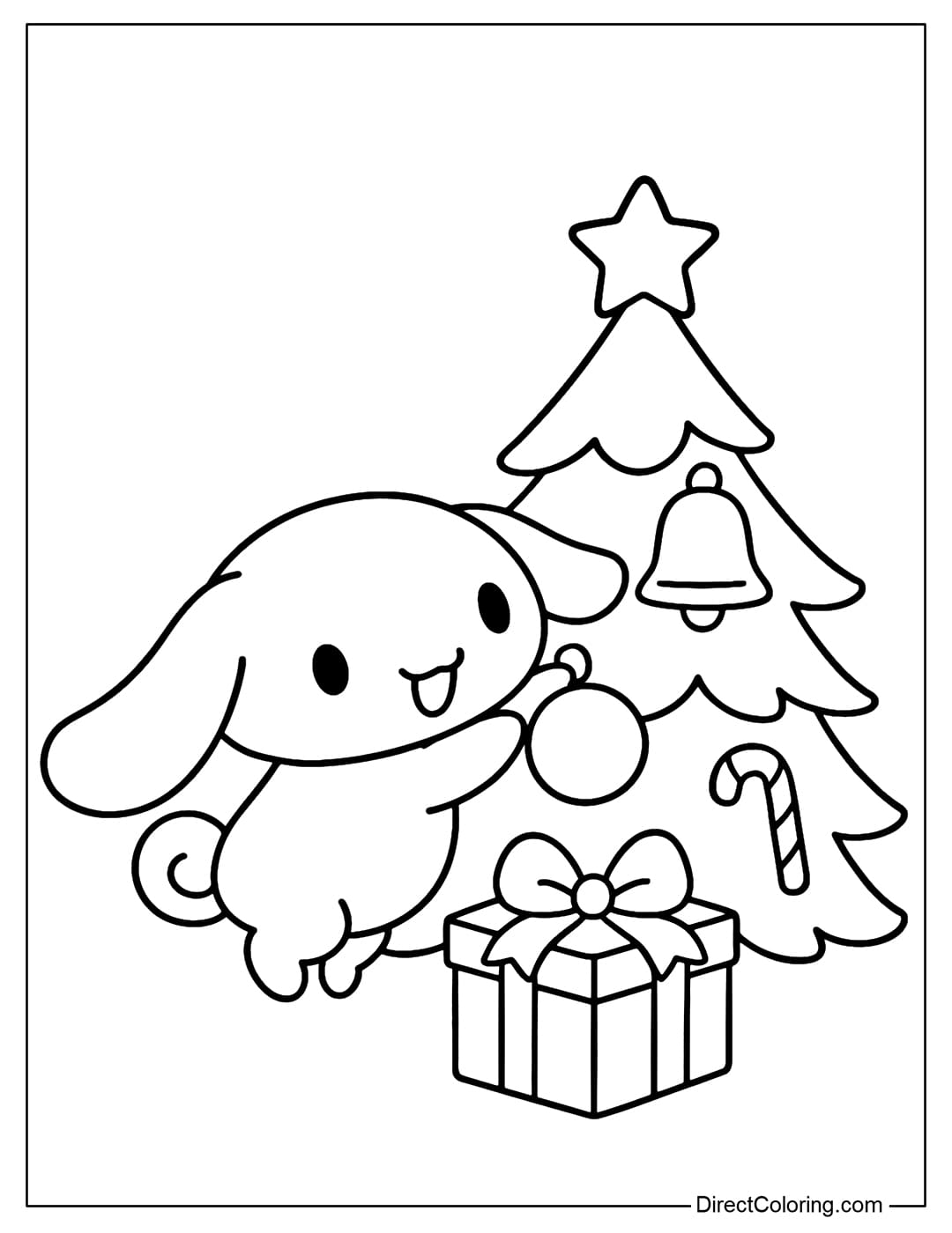 Coloring page of Cinamoroll hanging a bauble on the Christmas tree.