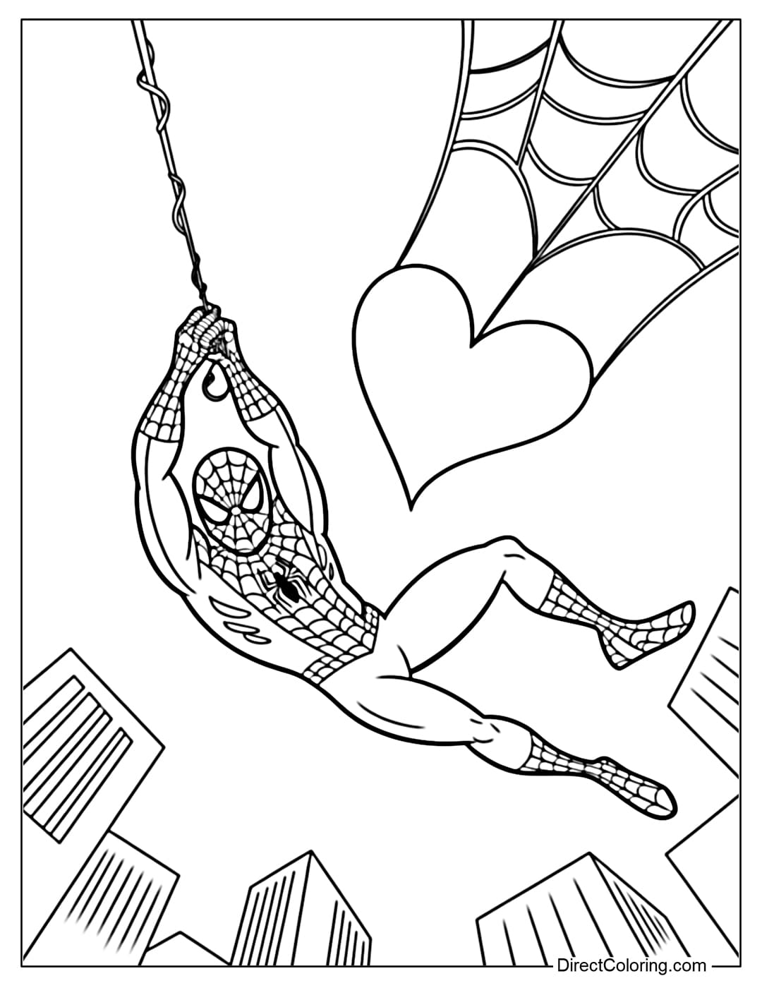 A coloring page of Spiderman swinging on a web with hearts.
