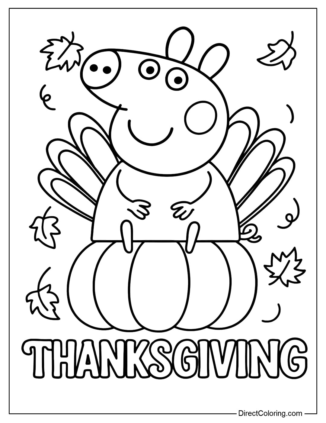 A coloring page of Peppa Pig with a wide open turkey tail, sitting on a pumpkin, with the words 