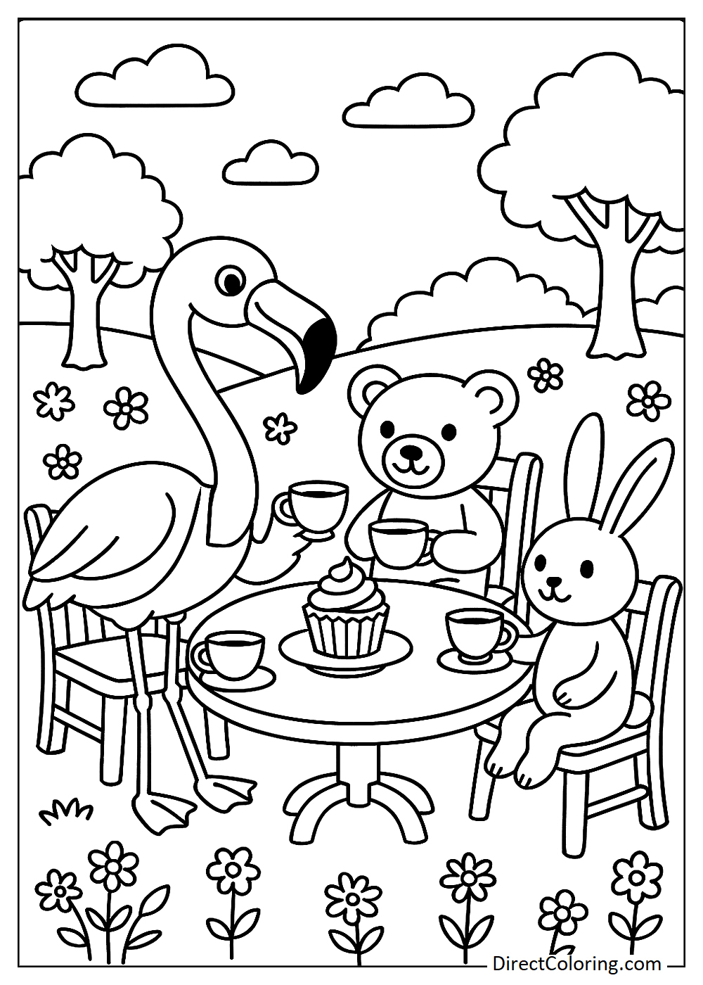 Flamingo enjoying tea and cakes with friends coloring page
