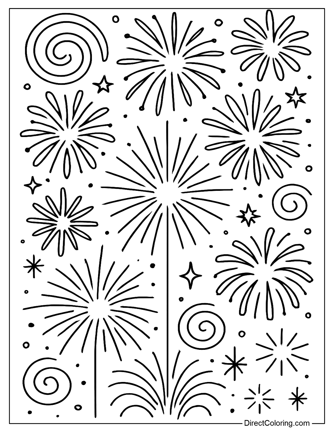 A coloring page full of fireworks with rays, spirals, and stars interspersed evenly.