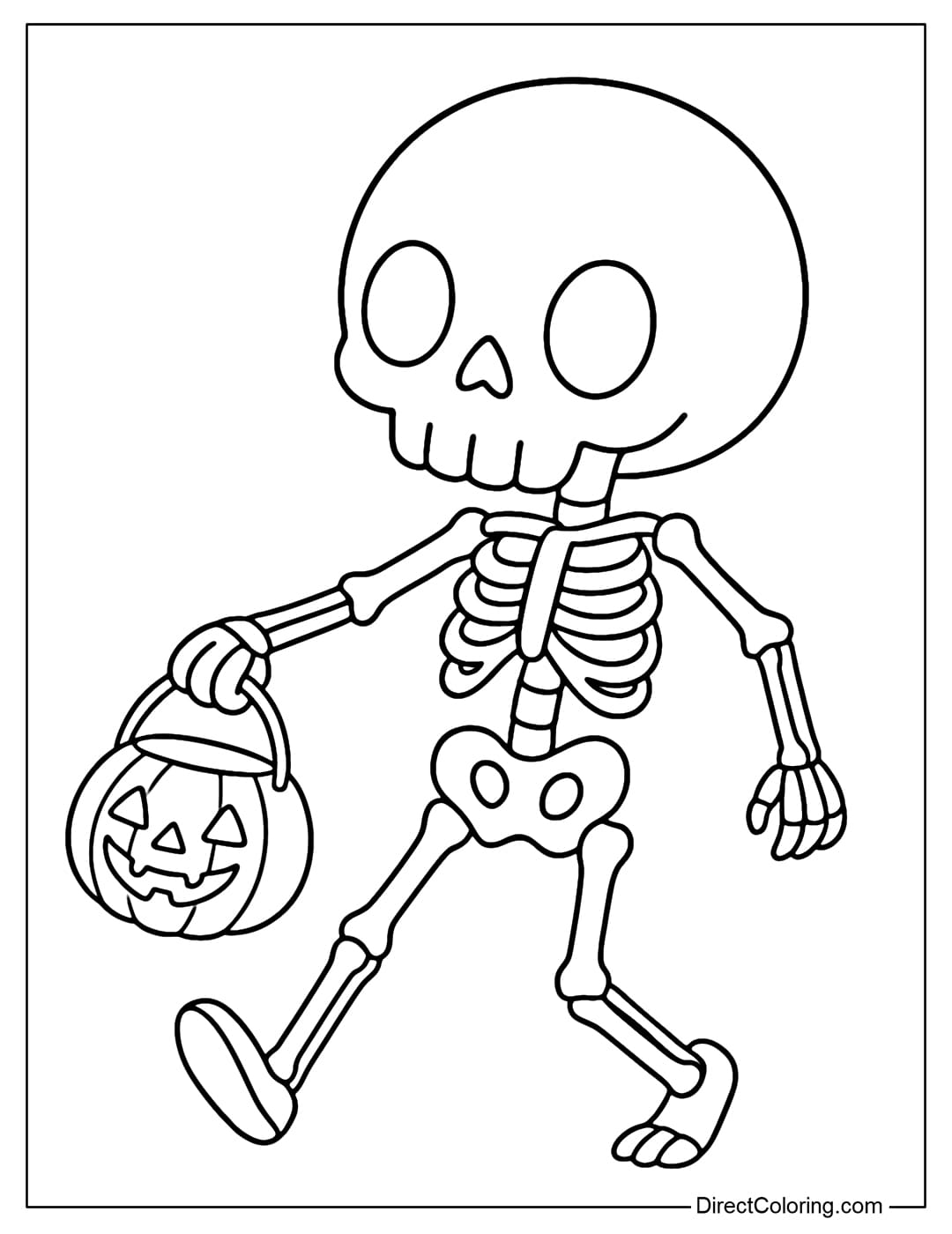 The little skeleton coloring page carries a pumpkin basket to beg for candy, walking happily.