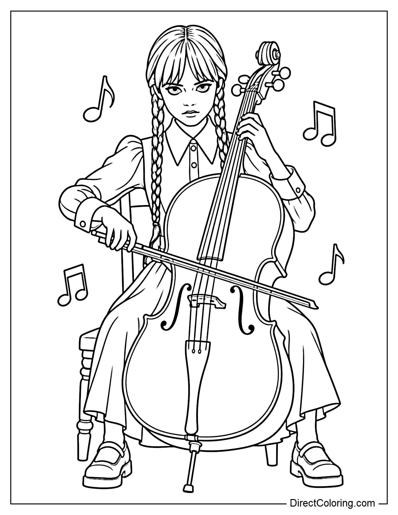 Wednesday sits on a chair playing a large cello, with one hand holding the neck and the other drawing the bow, surrounded by a few large musical notes.