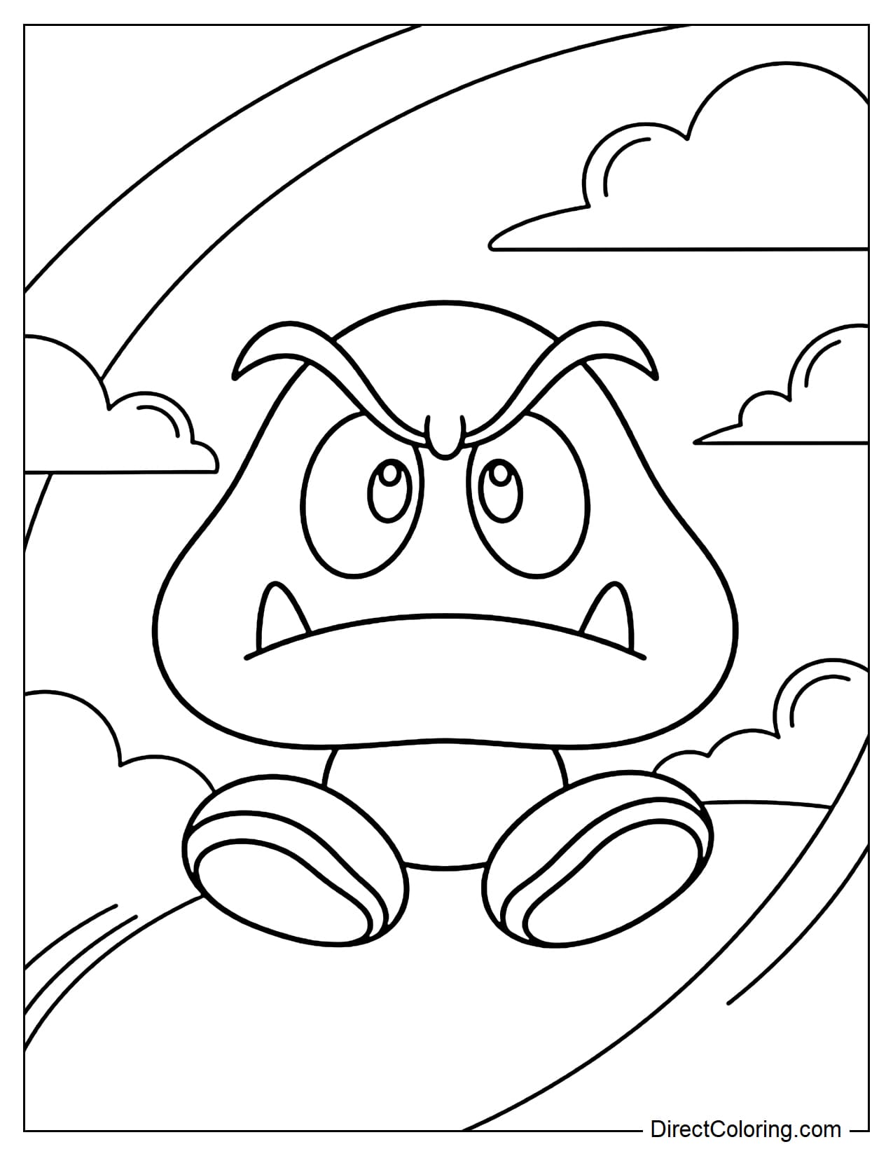 Goomba walks forward with a funny expression, with a few curved lines around him.