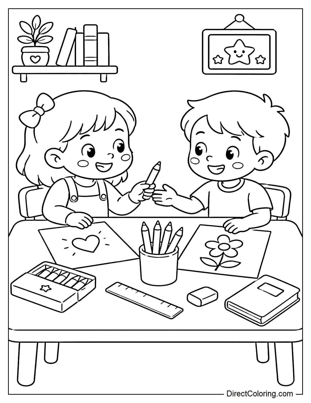 Two children sit at the same table and happily share crayons, rulers, and drawing paper, surrounded by some simple school supplies that are easy to color.