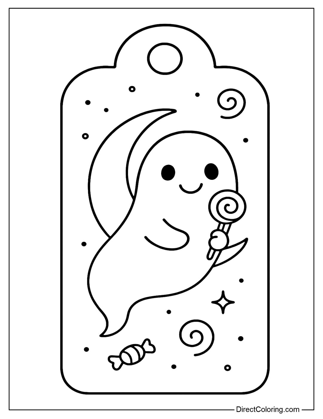 A Halloween candy tag coloring page with a smiling ghost holding a lollipop.