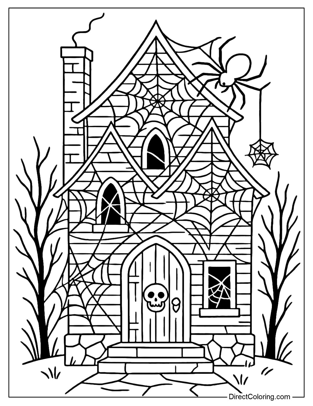 A haunted house coloring page covered with giant spider webs, spiders crawling on the roof, a wooden door with a skull-shaped handle.