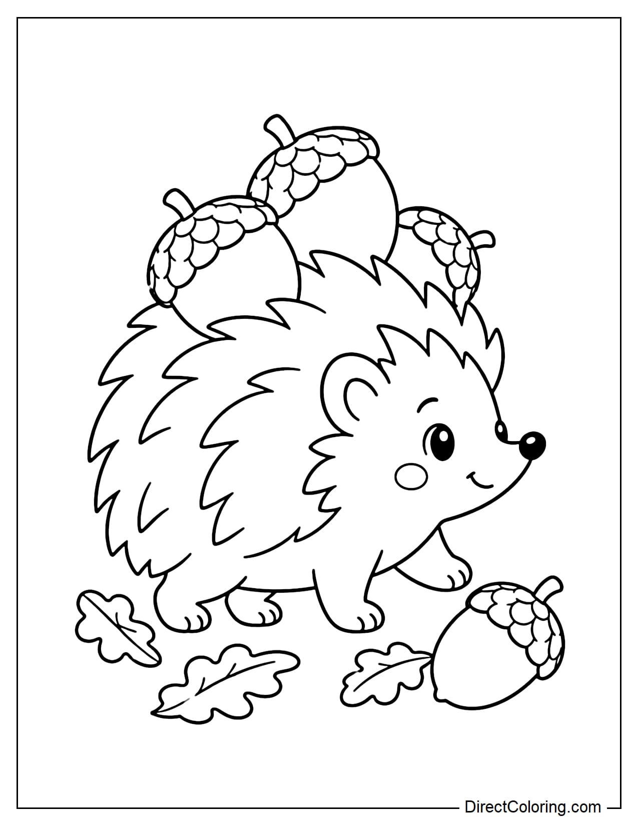 A hedgehog walking with three large acorns resting on its back, with a few oak leaves and one acorn on the ground beneath it.