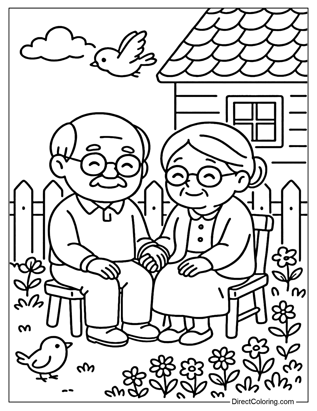 Coloring page of the fence next to the small house, grandparents sitting on wooden chairs next to the fence, surrounded by wild flowers and chirping sparrows.