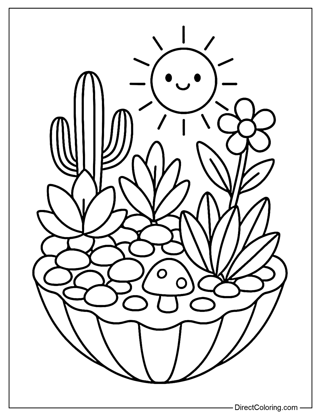 Coloring page of a garden made of seashells and pebbles, with miniature plants and summer symbols.