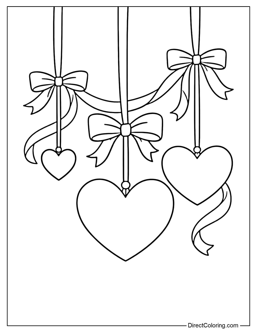 A coloring page for a heart hanging on a soft ribbon.