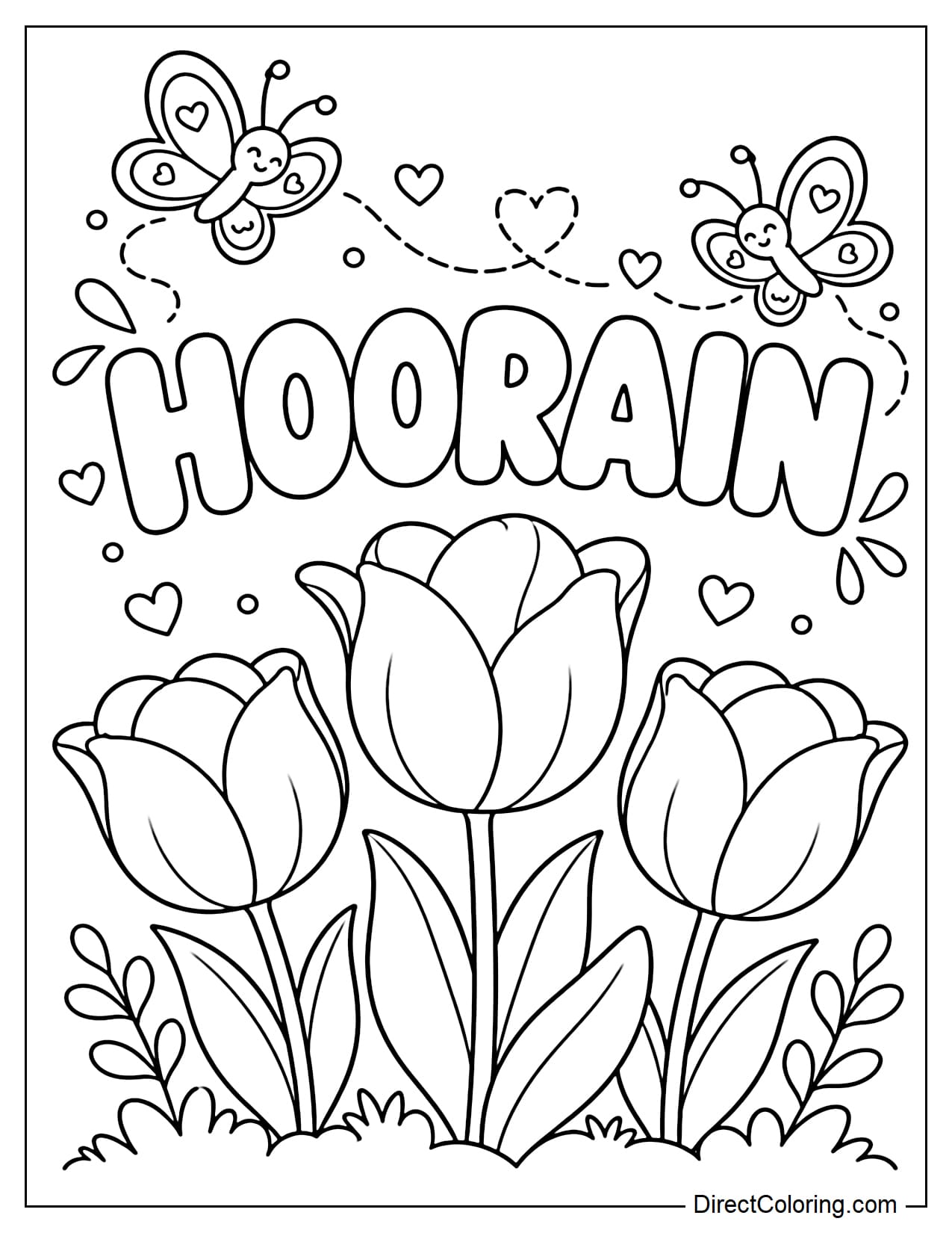 The name HOORAIN appears in large bubble letters, with three large tulips below and two small butterflies fluttering around the name.