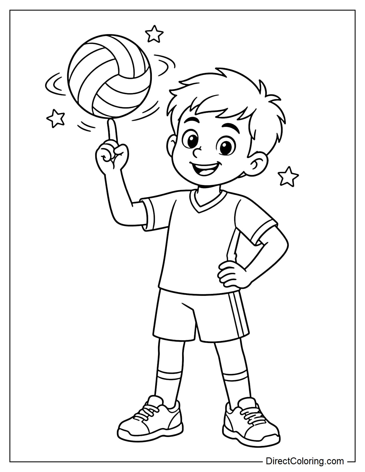 A young boy volleyball player is standing confidently and spinning a volleyball on the tip of one raised finger, while his other hand rests on his hip.