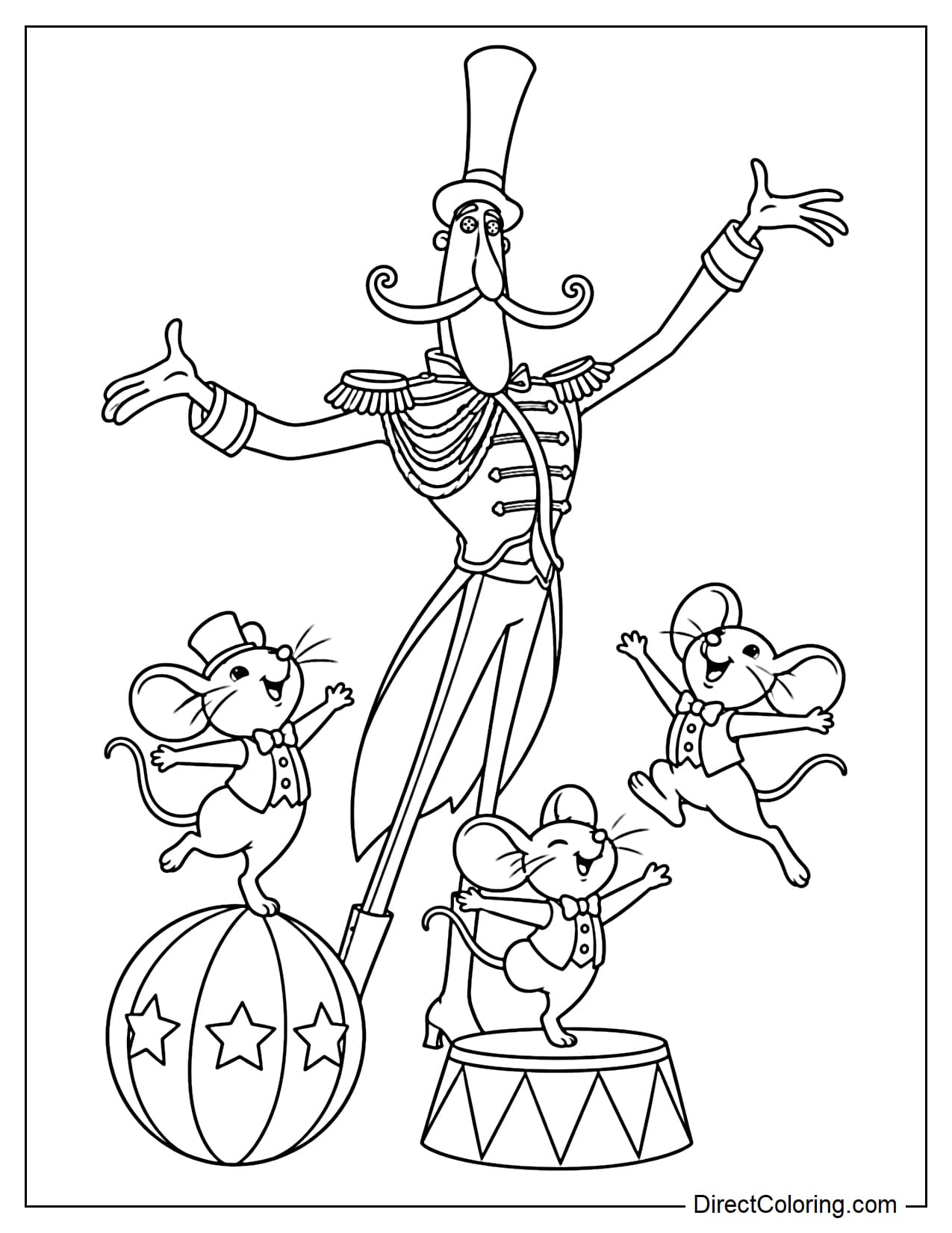 Mr. Bobinsky stands with his arms spread like a circus conductor while three little mice perform in front of him, with one balancing on a large ball, another standing on a round pedestal, and the third leaping through the air.