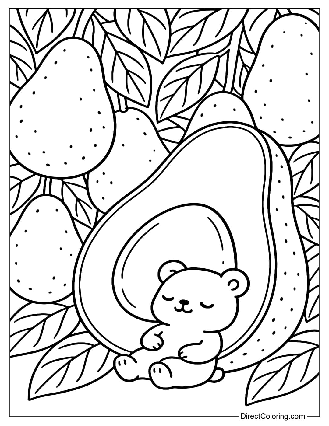 A giant avocado garden coloring page, a tiny bear leaned against an avocado seed, dozing off to relax.