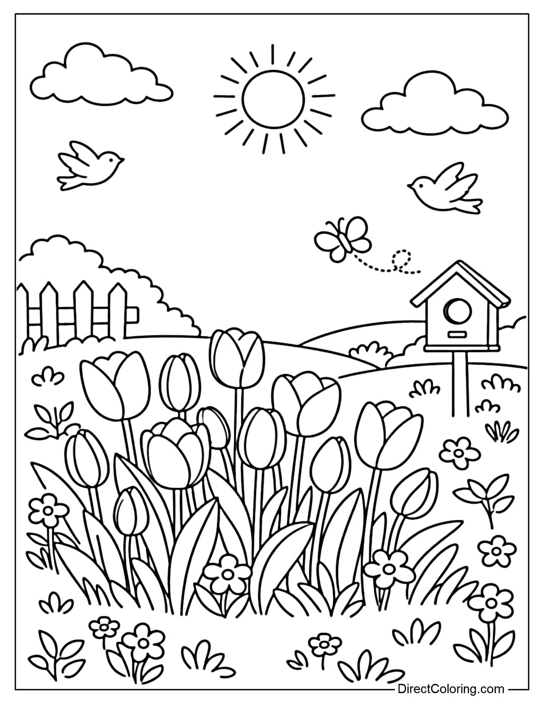 A coloring page of a spring garden with tulips and simple plants, creating a fresh feeling.