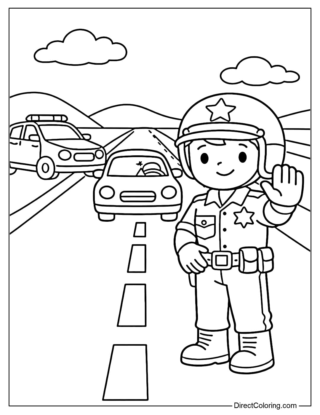 Coloring page of a highway patrol officer signaling a car to stop on the highway.