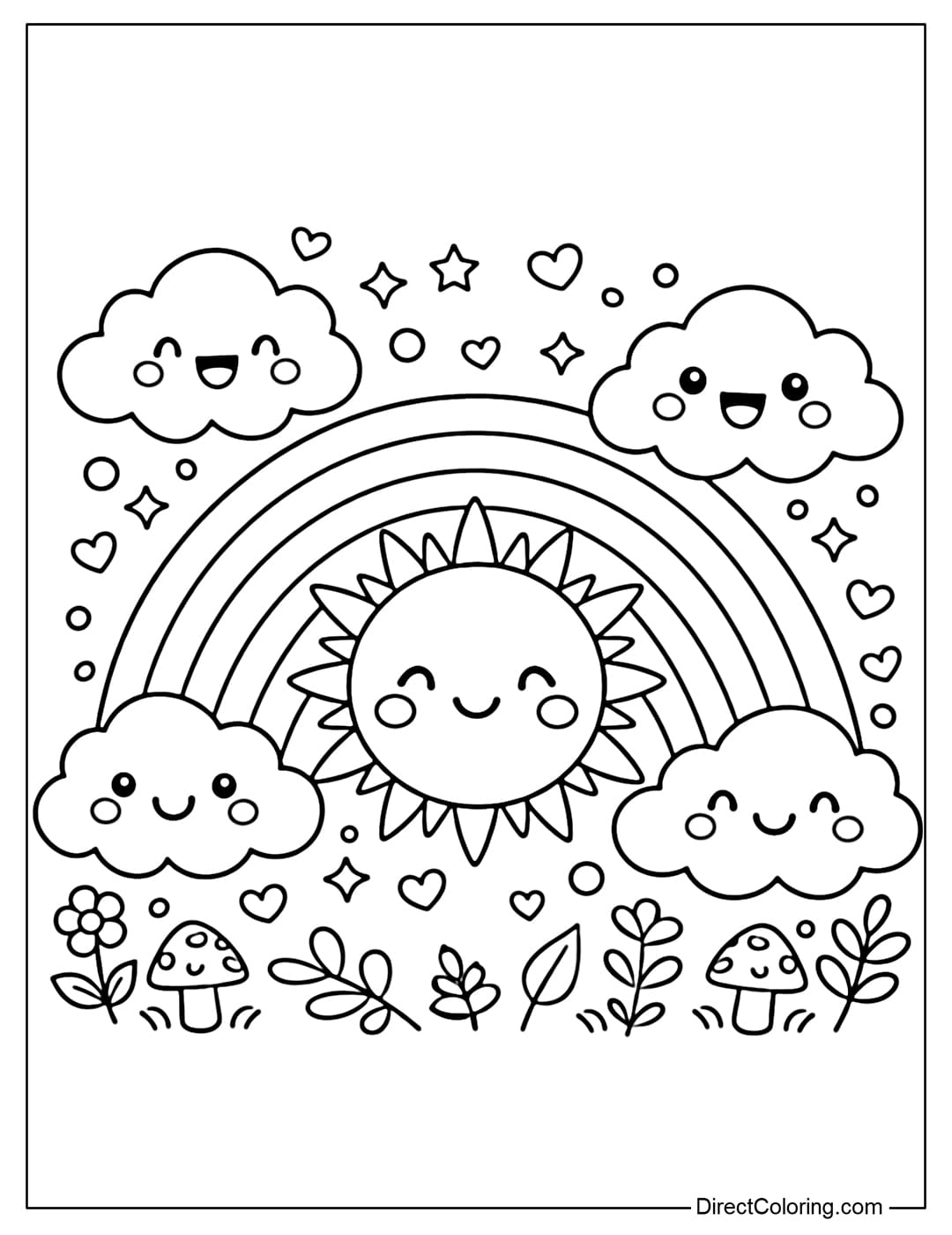 A coloring page with a cute sun in the center, surrounded by clouds with smiling faces.