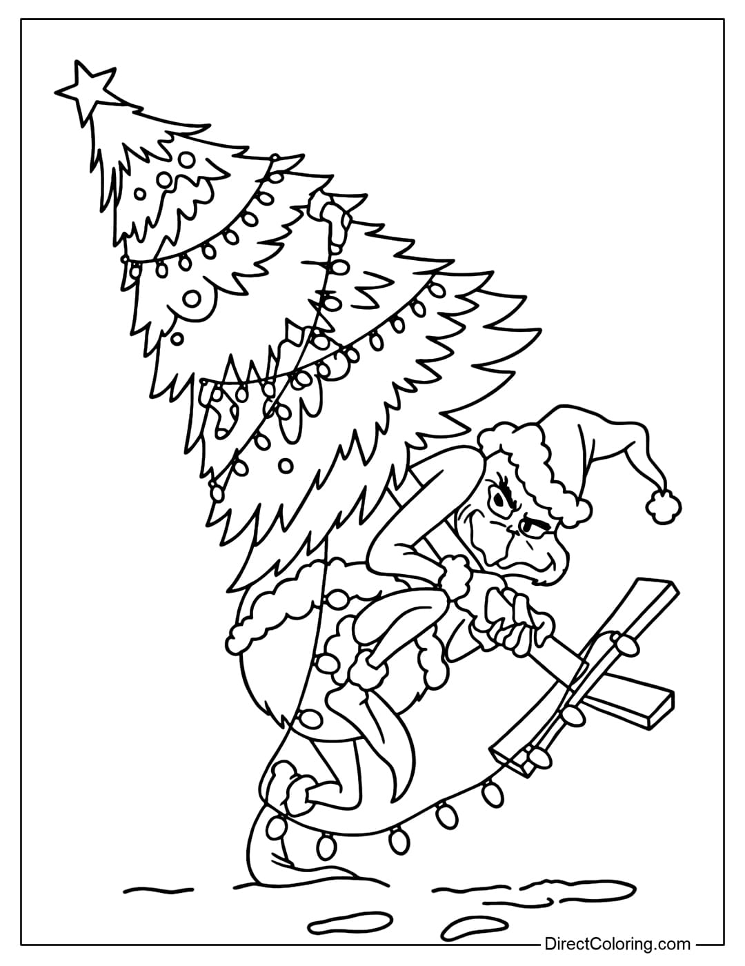 A coloring page of Grinch wearing a Santa hat, crouching down stealthily to pull a large Christmas tree.