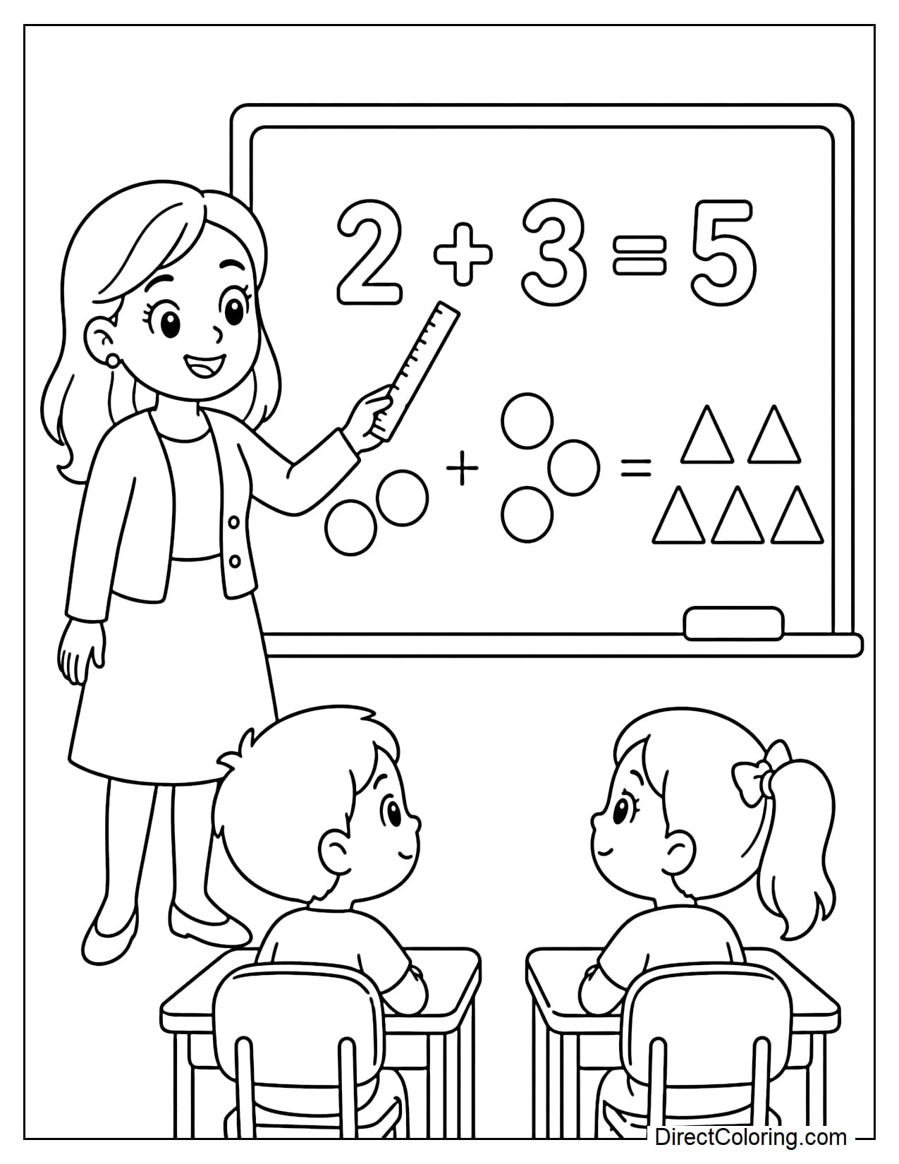 A math teacher is standing beside the classroom board and using a ruler to point at the equation 